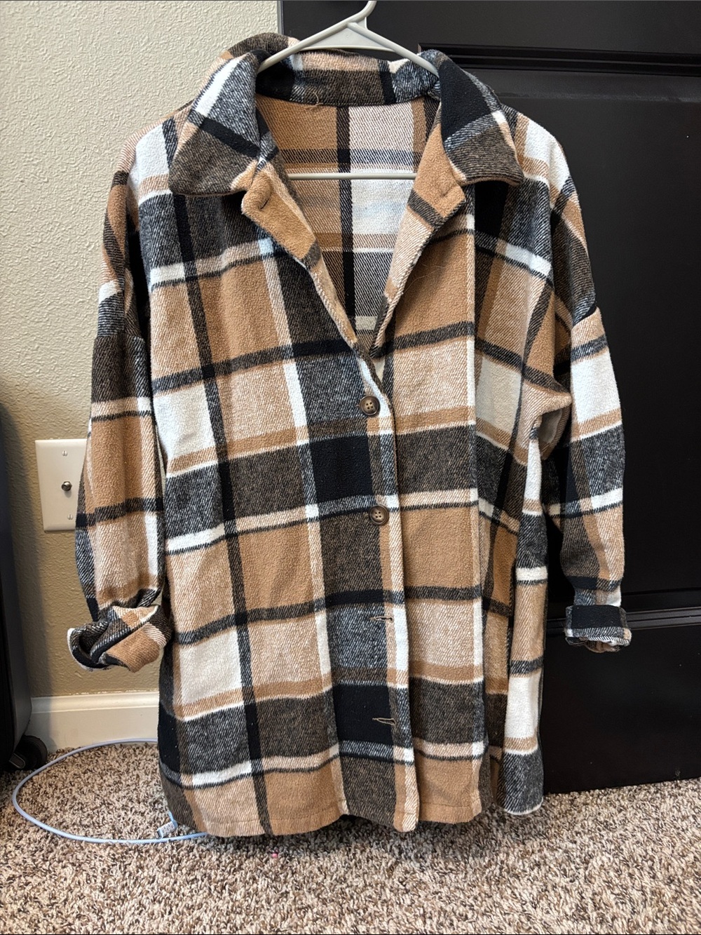 Plaid Button-Front Shacket Jacket in Tan and Black